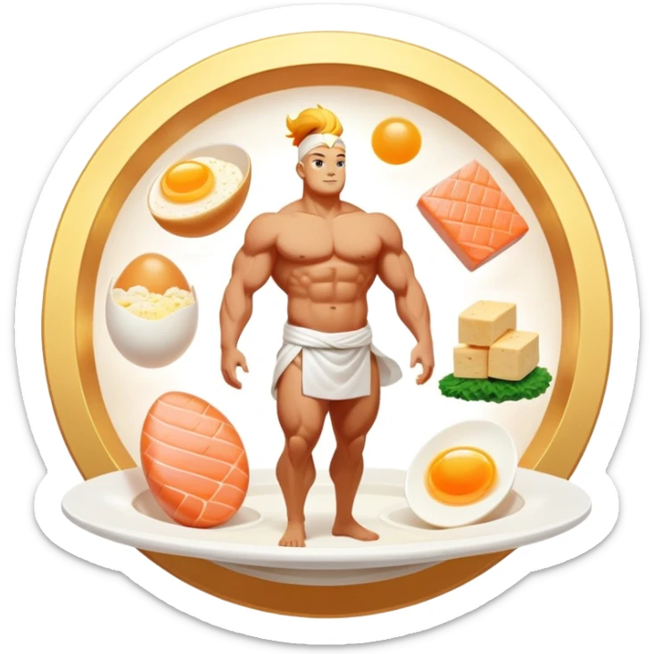 Floating plate with ethereal icons of golden egg, salmon fillet, bright chicken breast, and translucent tofu block, all orbiting a central double helix symbol, with soft light expanding towards a glowing muscular figure sticker