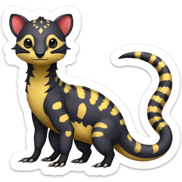 Rare warm-colored exotic cute epic aesthetic colorful Salandit-Civet-species-Fakemon-hybrid-creature, with markings, full body sticker