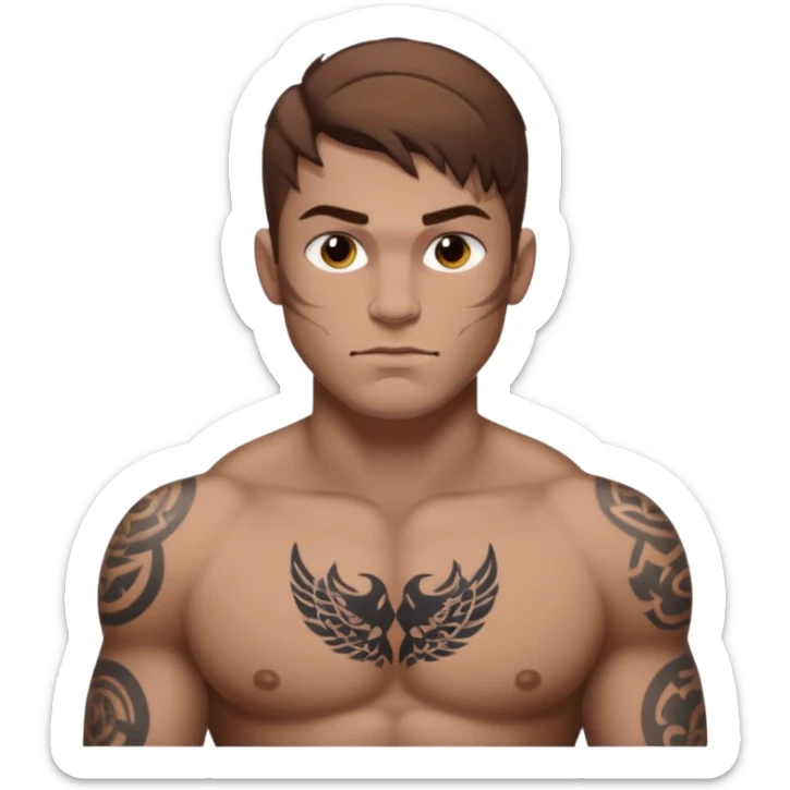 tattoo man, fair white skintone,brown hair, tattoos on face, more visible, bulky man with tattos on his chest, heavy tattoos. sticker