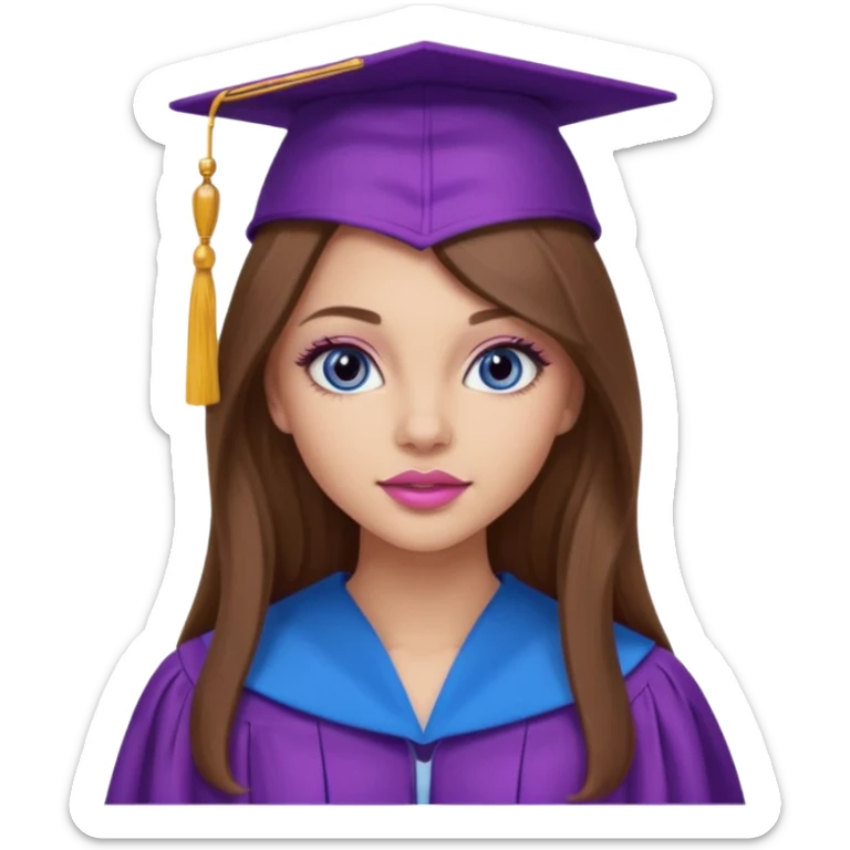girl with gorgeous long brown hair, blue eyes, long lashes makeup, sexy pink lips, wearing a purple graduation cap and gown sticker