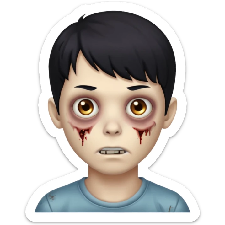 Garoto zombie, de cabelo preto, olhos castanhos claros, cabelo um pouco cacheado com franja sticker