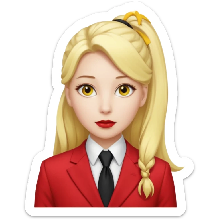 Woman with porcelain white skin, thick blonde hair that's in a thick, long ponytail, has a black nose, yellow scleras, red pupils, and a red suit with a black tie. sticker