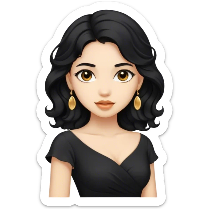 Beautiful woman,cute, light skin, half long wavy black hair in dark dress with gold earrings sticker