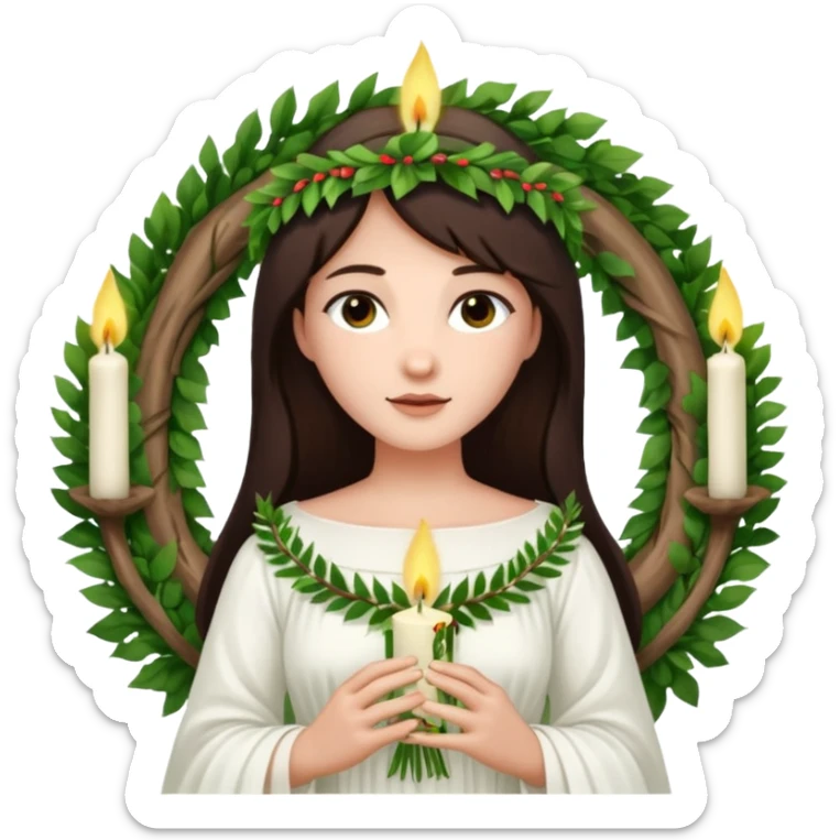  saint lucia with dark brown hair with a white gown and a wreath made from greenery and candles on top of it sticker