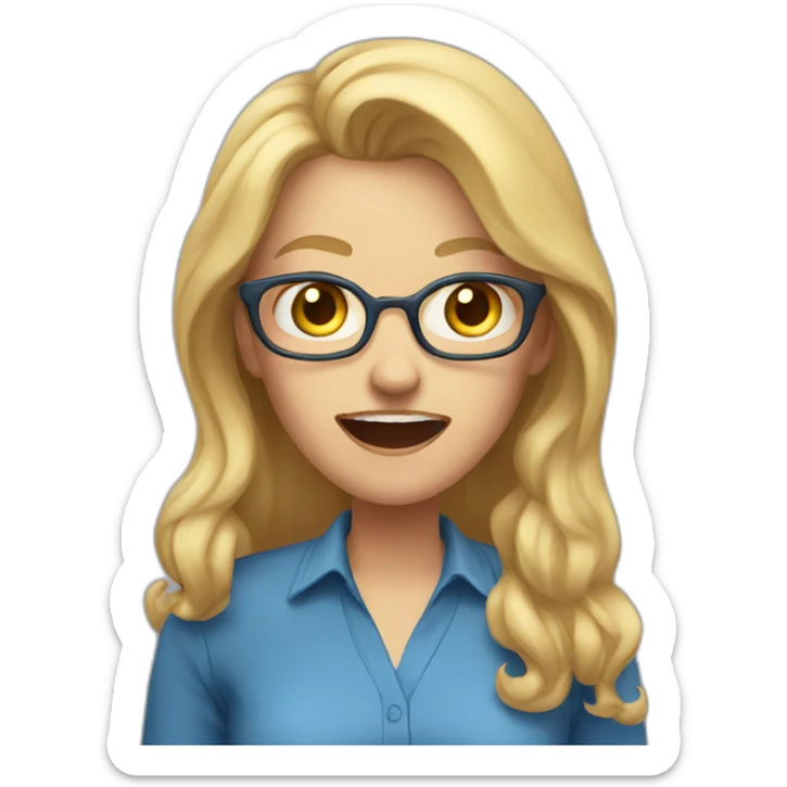 woman teacher long blonde hair blue shirt yelling sticker