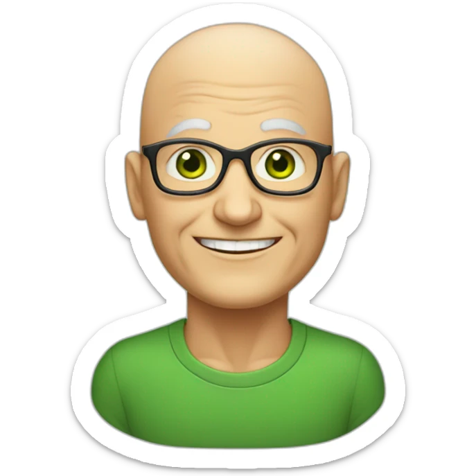 50 year teacher with smiling face and no hair, intelligent strong green eyes, sticker