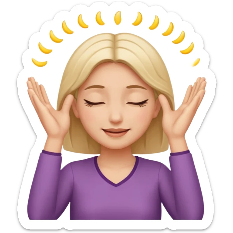 The girl with her eyes closed holds her temples with both hands and smiles slightly sticker