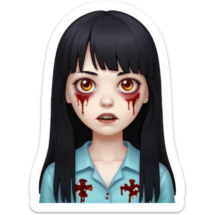 Faça uma menina de cabelo liso preto com franja zumbi cabelo longo 🧟‍♀️ faça ela assim sticker