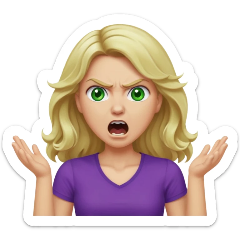 lady with long wavy blonde hair, purple top, green eyes, shouting and looking very angry sticker