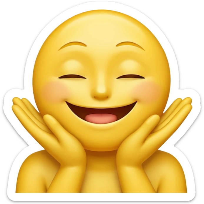 emoji-style yellow smiley face character, proud and warm, kissing its own glowing golden hands, expression satisfied and playful, eyes half-closed, clean bold lines, smooth shading, high-contrast, compact emoji format, transparent background sticker
