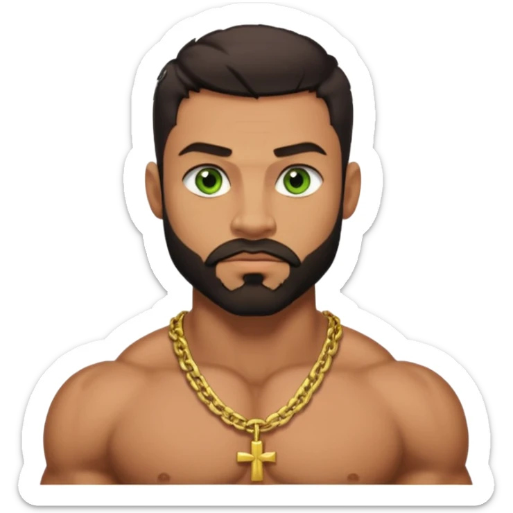 green eyes, dark short hair, muscular shoulders, wide cross, gold chain, big lips big nose big eyes, masculine good looking, dark beard, muscular strong looking sticker