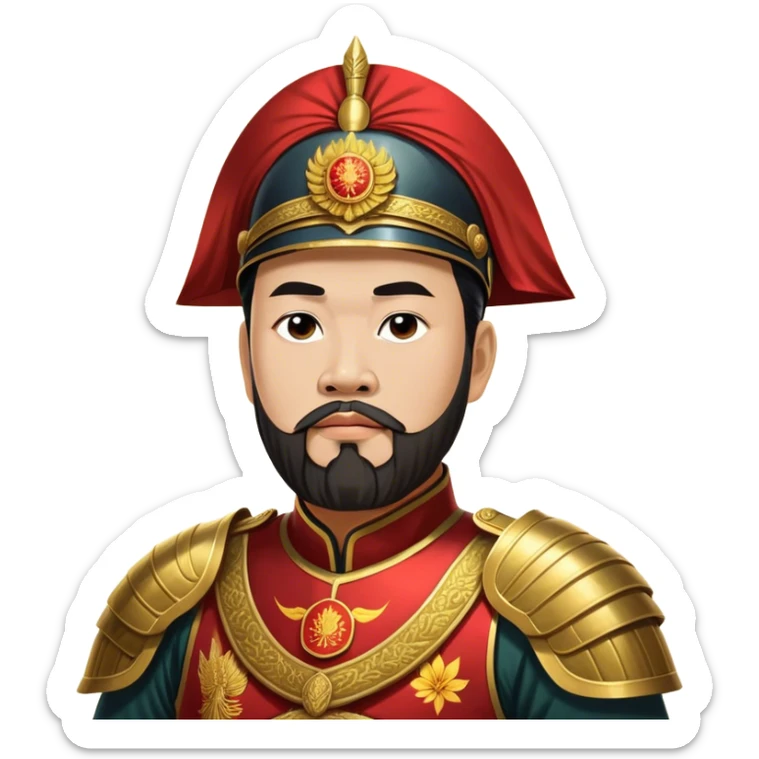​Cinematic Realistic Portrait of Trần Hưng Đạo, depicted as a revered Vietnamese general with his characteristic traditional Vietnamese beard and historic armor, his determined gaze illuminated by dramatic historical lighting that evokes his legendary martial spirit and leadership, sticker