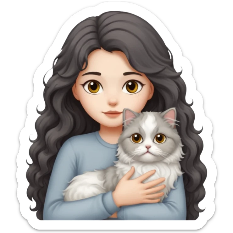 a girl with long dark wavy hair hug a fluffy persian cat with dominant white body and gray on its forehead  sticker