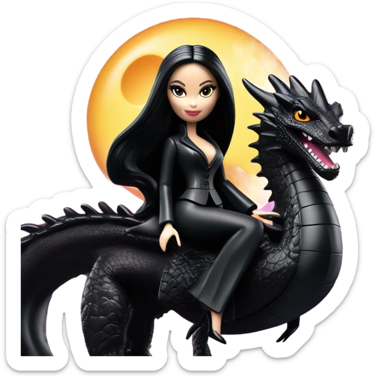  beautifully dressed teen Morticia Addams Barbie Jedi flying on the back of a very large black shiny evil-looking fire-spewing dragon. proper scale sticker