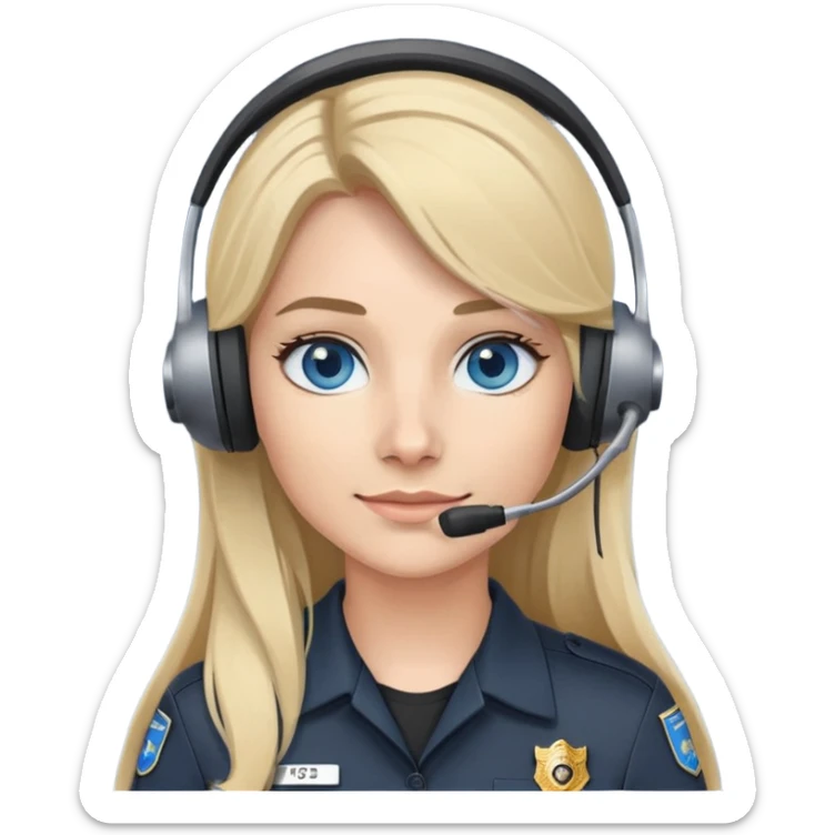 911 dispatcher dark gray uniform, blue eyes, long blond hair, head set sticker