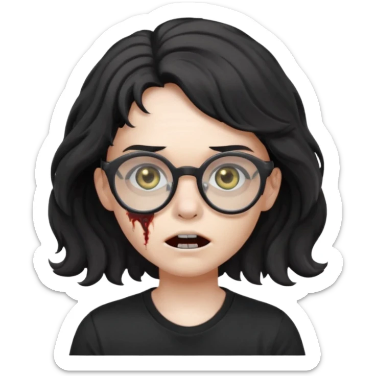 zumbie cabelo ondulado médio preto, camiseta preta, oculos redondo masculino sticker