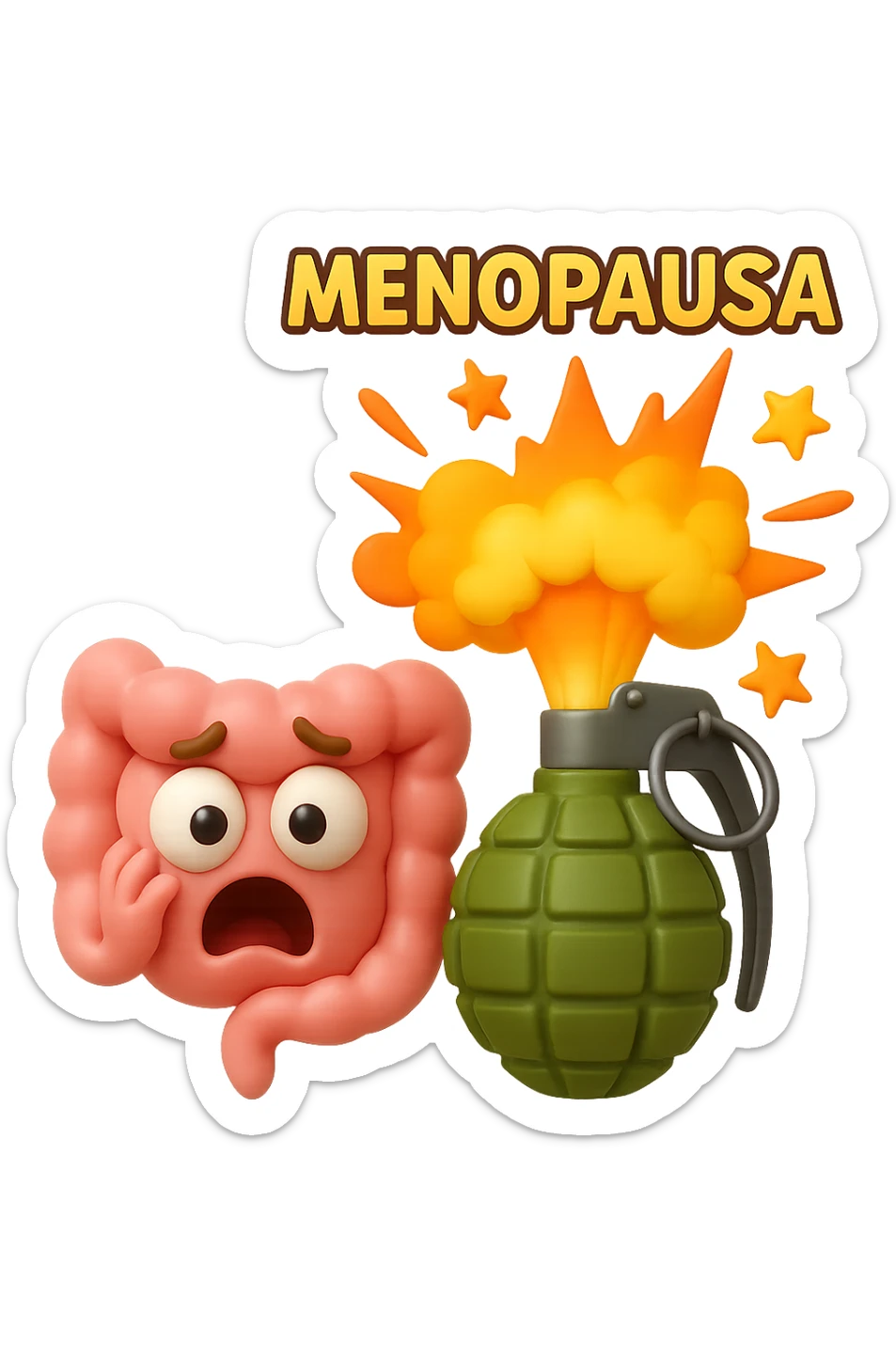 EMOJI STILE IPHONE 3D DI INTESTINO 3D CON ESPRESSIONE SPAVENTATA IN VOLTO MENTRE ACCANTO A LUI SCOPPIA UNA GRANATA 3D CON LA SCRITTA "MENOPAUSA" SOPRA, FAGLI ANCHE LA PARTE BIANCA DEGLI OCCHI, NON SOLO LA PUPILLA sticker