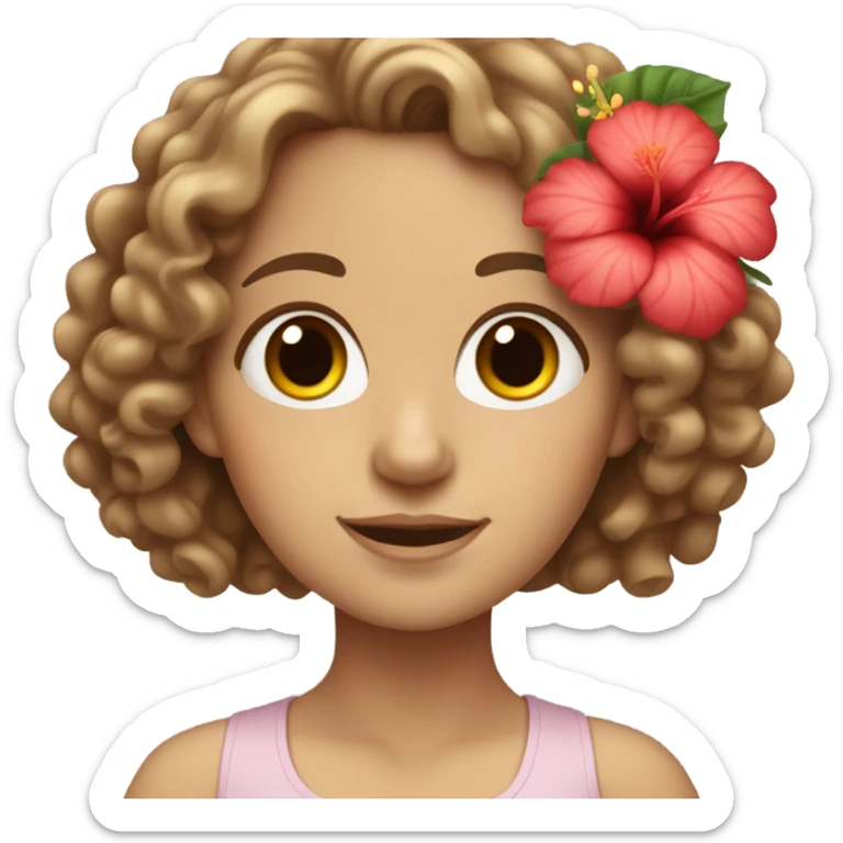 Skin tone white girl with hibiscus flower in brown curly hair sticker