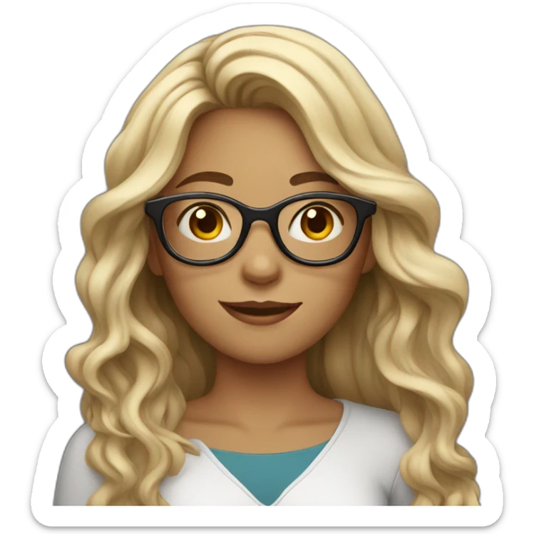 girl with long wavy hair and big glasses working on laptop sticker