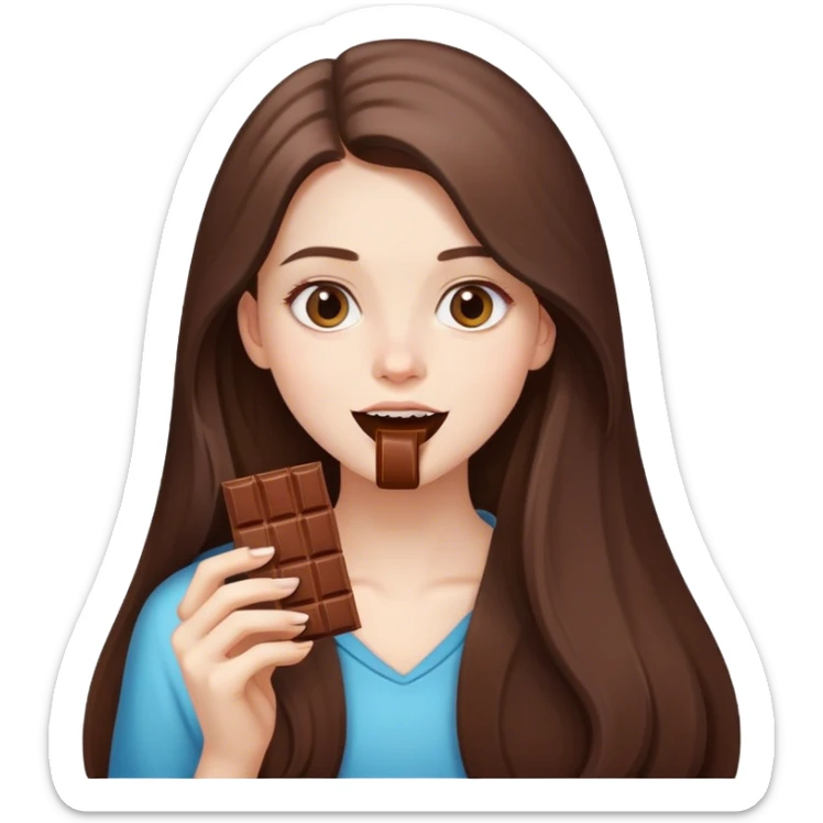 beautiful pale brunette girl with long hair eating a bar of chocolate  sticker