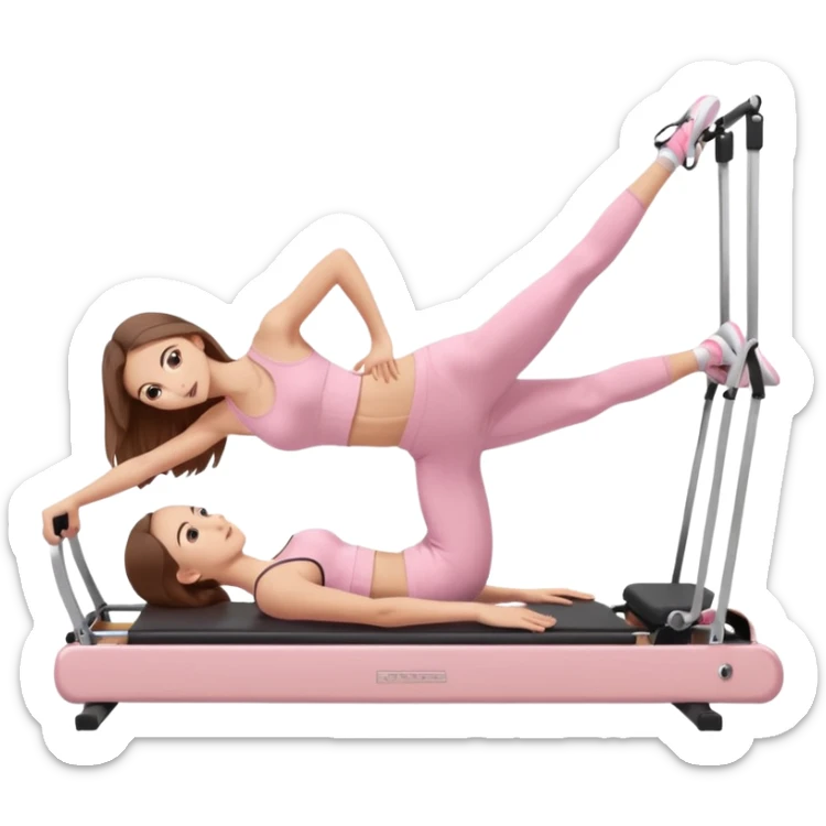 pretty caucasian teen with hazel eyes long brown hair wearing light pink workout clothes doing a plank on a pilates reformer sticker