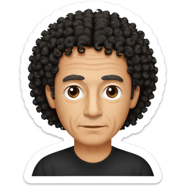 60 year old Greek man with short black curly frizzy thin hair that sticks up and has a black shirt sticker