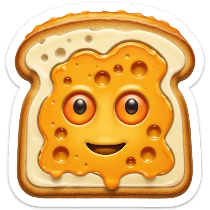 a toastie with melted cheese on the rim and an orange hat and two eyes in left  sticker