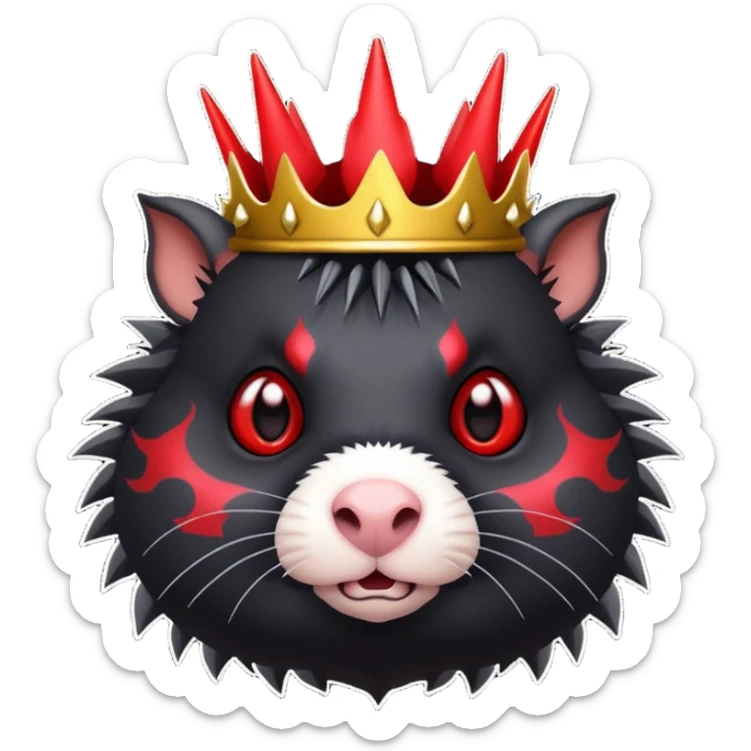 black guinea pig, red demonic eyes, wearing a spiky demon crown, emoji style sticker