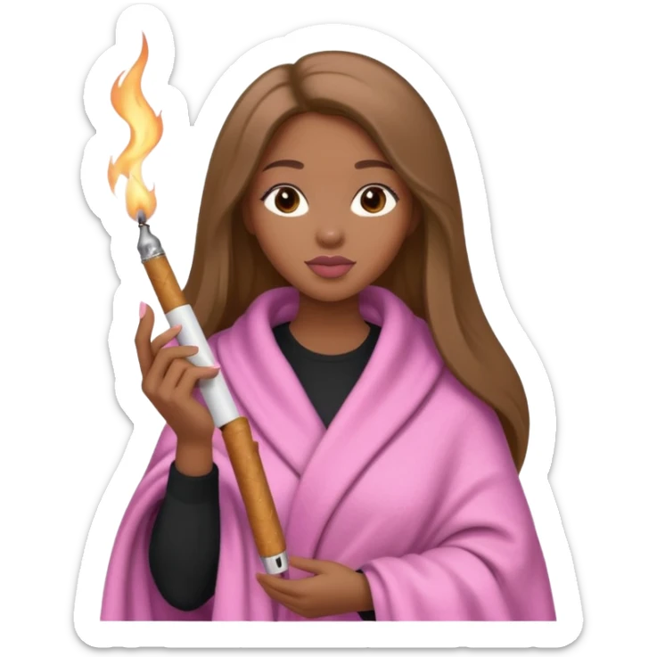 Curvy, light brown long hair, pretty black girl light pink lipgloss wrapped in blanket holding a lighter and brown cigarette  sticker