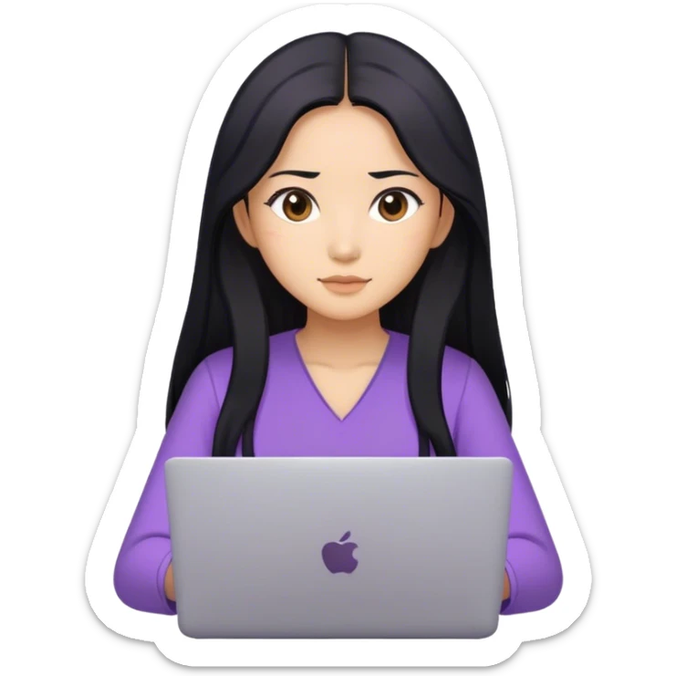 Long hair asian woman working on lavender laptop with brown eyes sticker