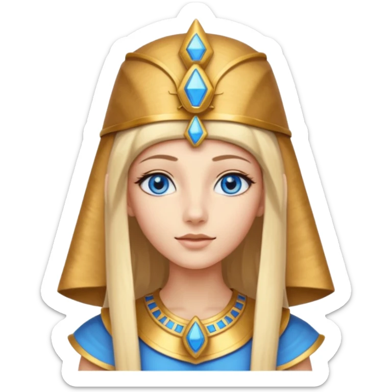 Cleopatra vestita da faraone con il cappello da faraone ma con gli occhi azzurri e i capelli lunghi biondi non troppo chiari con il cappello da faraone dorato senza frangia  sticker