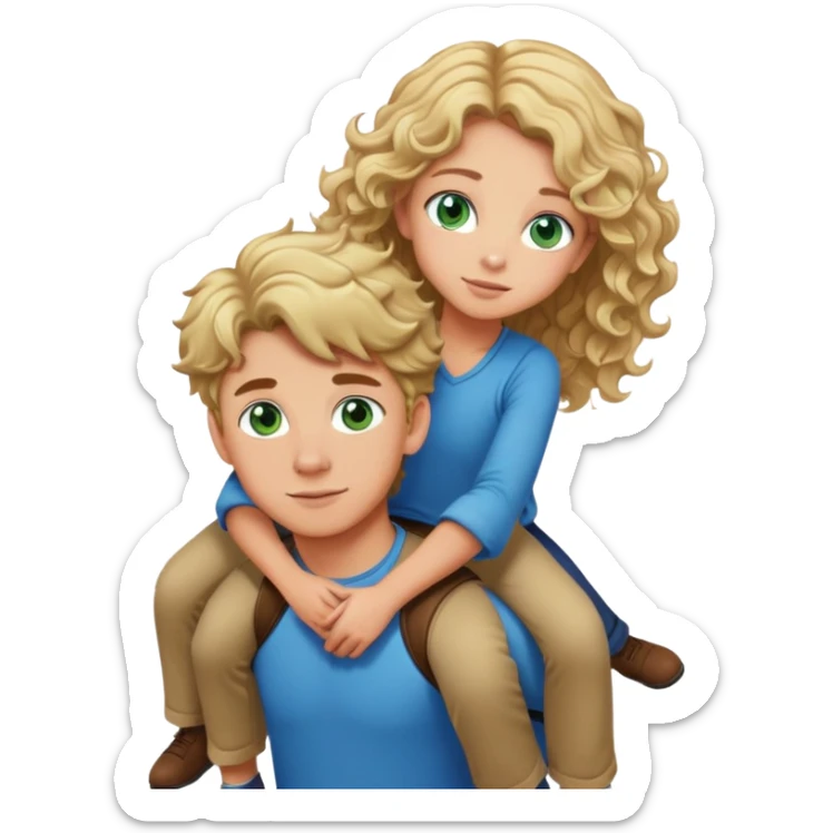 please make me an emoji of a short, tan, long curly brown hair girl with green eyes piggy back riding a her boyfriend who is tall, tan, boy with blonde hair, and blue eyes  sticker
