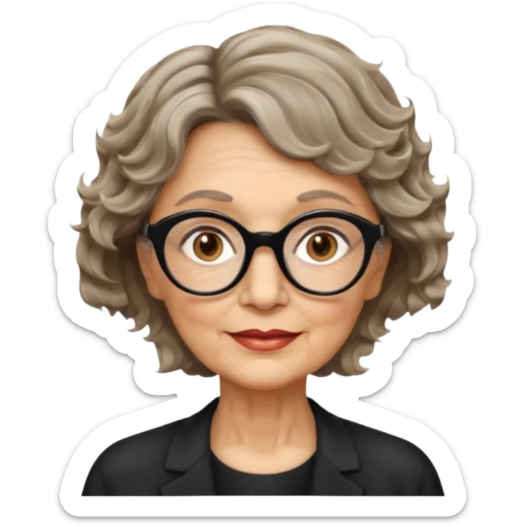 woman 70 years old, short dark blonde weavy hair, brown eyes and round dark glasses sticker
