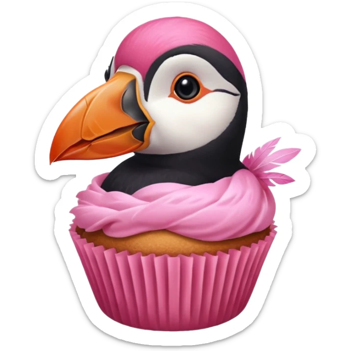 pink head feathers puffin that is pink, eating a muffin that is pink sticker