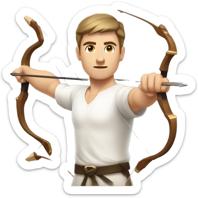 a male archer bending a bow, wearing a white shirt, very short brown hair, bright skin, only show upper part of the body from waist up sticker