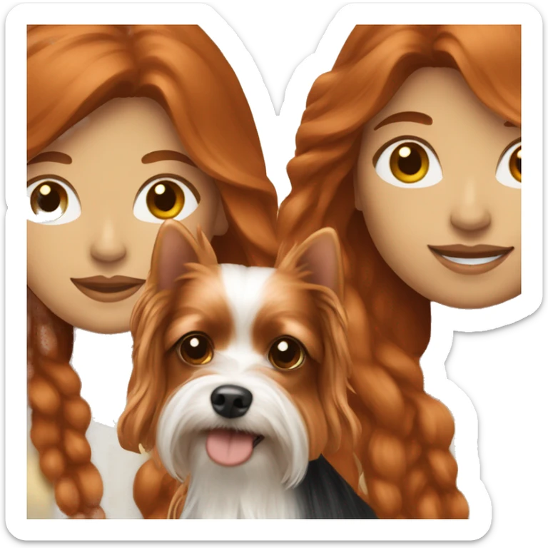 Redhead woman with long hair holding a Yorkie dog sticker
