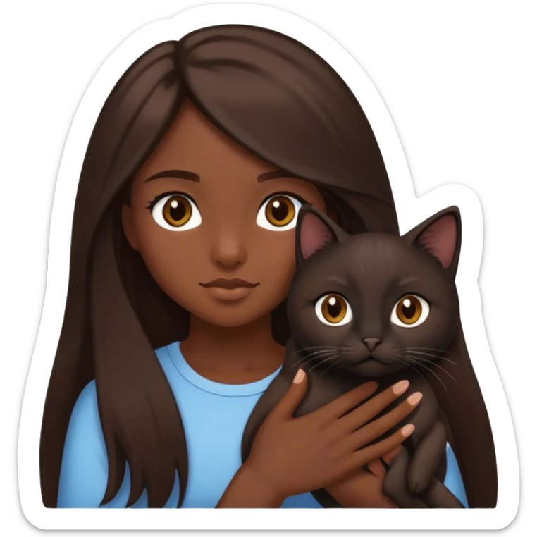 a girl with dark really long brown hair with brown eyes and holding a tiny cat that is black? sticker