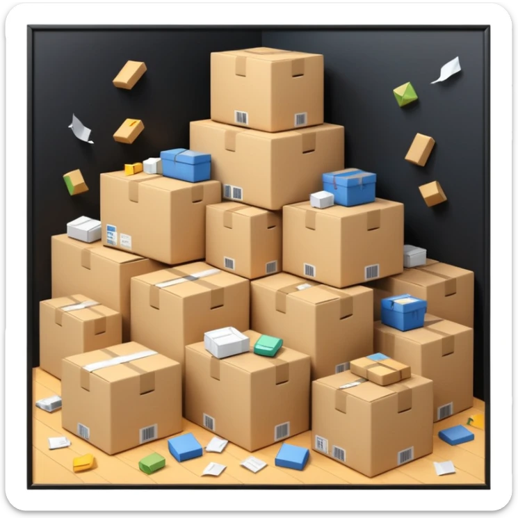 Generate a realistic emoji-style of a overfilled storage room where the packages are falling over sticker