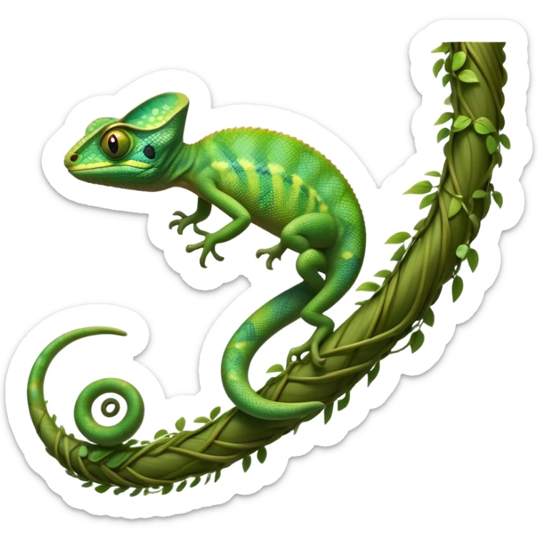 cinematic-chameleon-realistic-full-body-climbing-emoji,-slender-body-gripping-a-twisting-vine-with-prehensile-feet,-scaly-green-skin-shifting-shades-with-its-environment,-large-bulging-eyes-rotating-independently,-delicate-coiled-tail-curling-behind,-long-tongue-slightly-protruding-as-if-ready-to-strike,-simplified-yet-realistic-focused-features,-highly-detailed,-glowing-with-an-ethereal-forest-light sticker