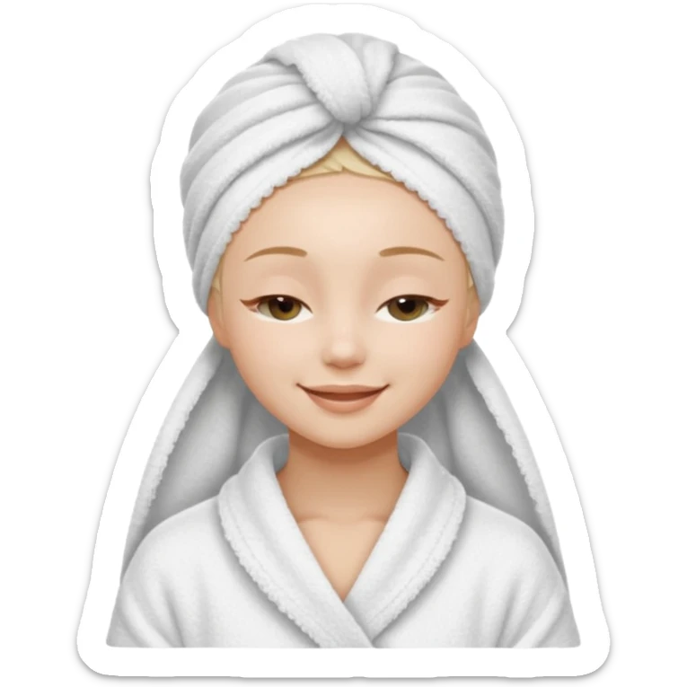 cute girl with her eyes closed and smiling, wearing a white spa towel as her clothes in she has a white spa towel on her head, white face skincare mask whole face sticker
