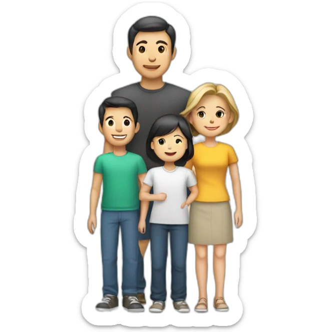 family with asian man, white woman, 2 boys and 1 girl. exactly 5 people. sticker