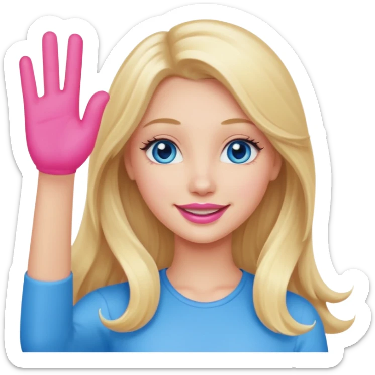 A beautiful blonde girl with long hair, blue eyes, pink lips and a sweet smile  arm hello sticker