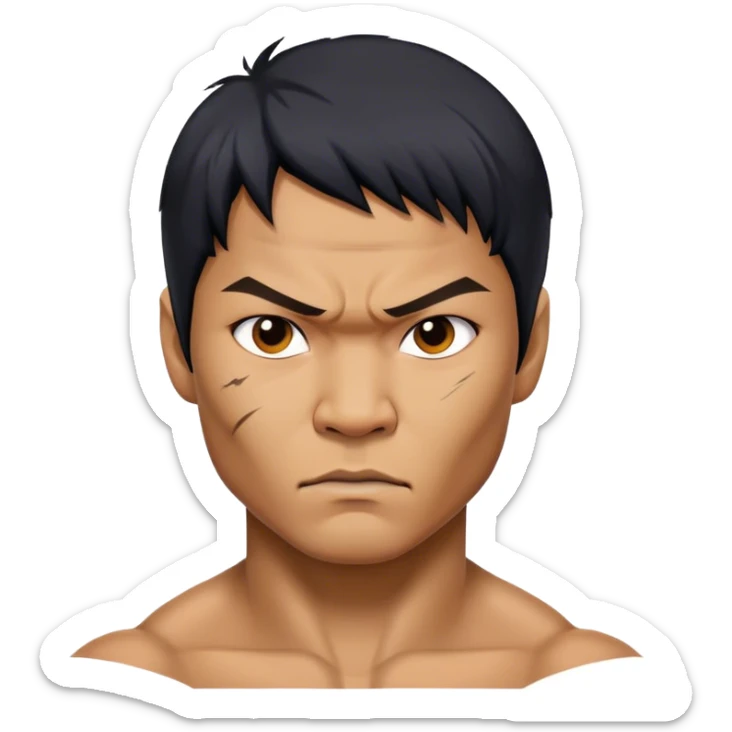 ​Cinematic Realistic Portrait of Tony Jaa, a close-up depiction capturing his intense, determined expression and finely detailed features, rendered with dramatic natural lighting that emphasizes his rugged athleticism and unmistakable martial arts presence, sticker