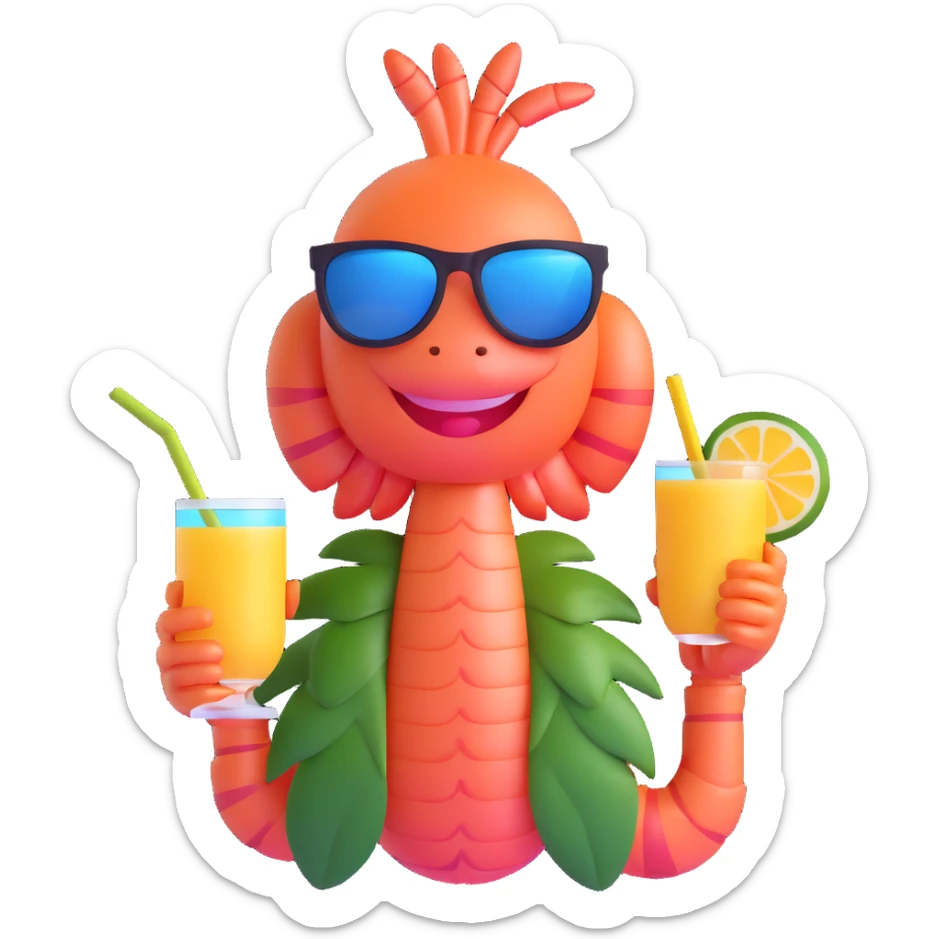 shrimp on vacation wearing sunglasses and a hawaiian shirt, holding a tropical drink, relaxing on a beach, memoji style sticker