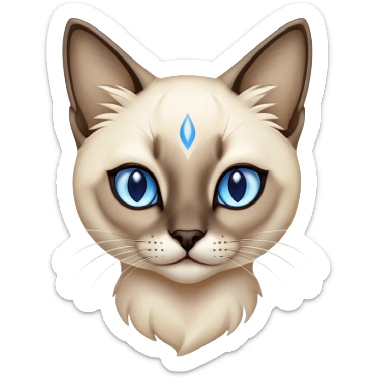 Cinematic Noble Siamese Cat Portrait Emoji, Poised and regal, with sleek cream-colored fur and striking dark points on the ears, face, paws, and tail, piercing sapphire-blue eyes, Simplified yet sharp and sophisticated features, highly detailed, glowing with a soft, dignified glow, high shine, intelligent and graceful, stylized with an air of elegance, focused and attentive, soft glowing outline, capturing the essence of a watchful and refined feline, so majestic it feels as though it could glide across the screen with effortless confidence! sticker