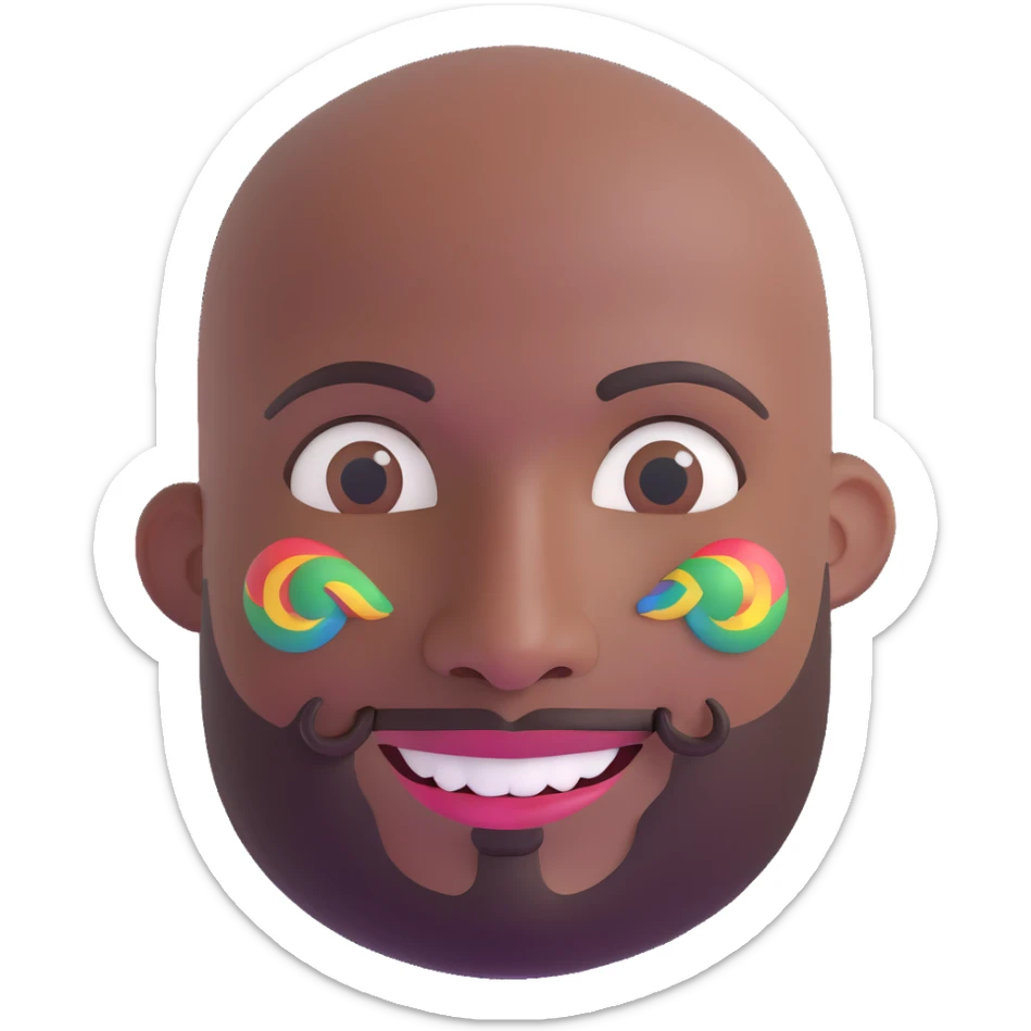 Oxumarê as a smiling 37-year-old bald man with very dark skin (2 shades darker), smooth oval head, indigenous facial features, mustache with circular beard only on chin (no hair on sides), a round mole on the right side below the lip, and a rainbow serpent wrapped around him, Memoji style sticker