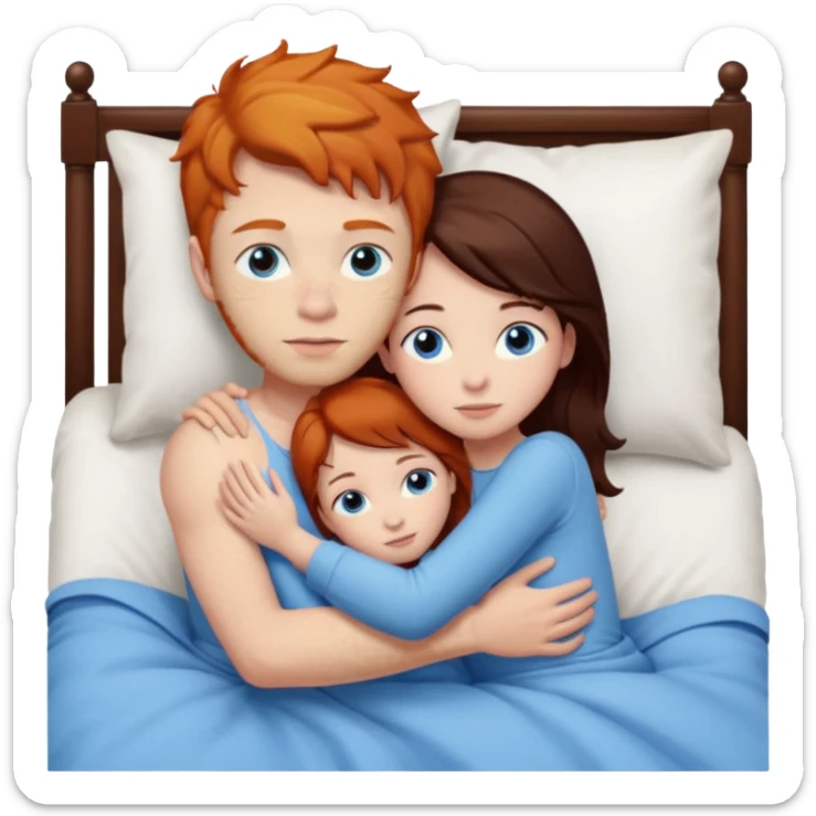 Ginger boy hugging girl with very dark brown hair. Both have blue eyes. They are in bed.  sticker