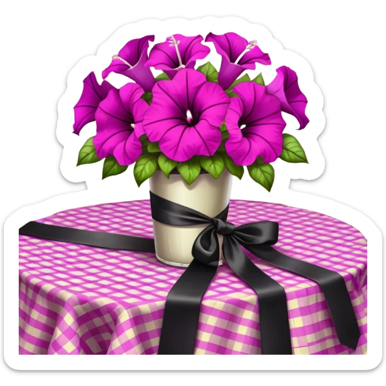 A lush bouquet of bright light margenta color petunia black satin ribbon, resting on an antique wooden table, with a pale yellow and pink plaid pattern table cloth sticker