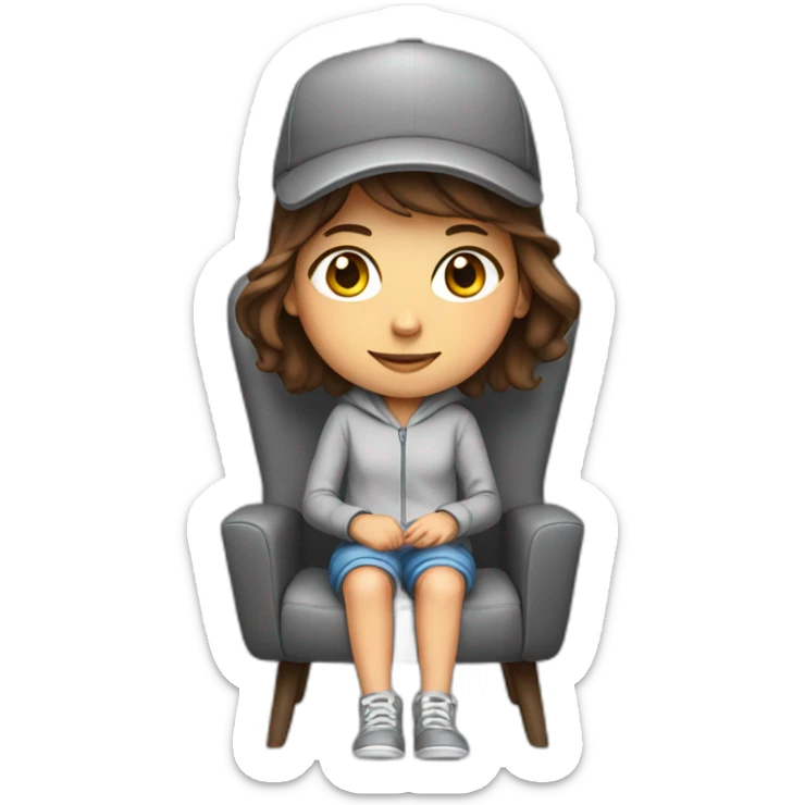 girl with brown hair sitting on a gaming chair, wearing a hat and grey onesie sticker