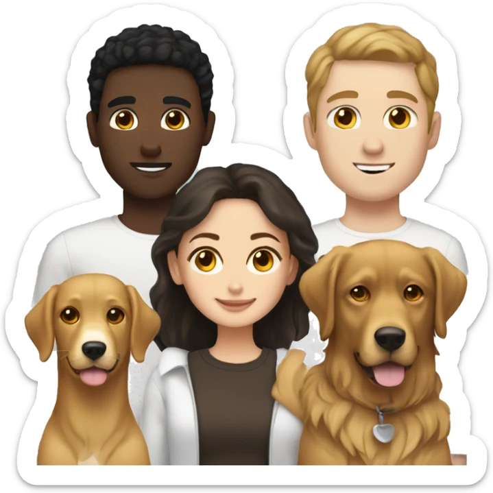 White woman with dark hair and brown eyes with a white man with dark hair and brown eyes and a golden retriever  sticker